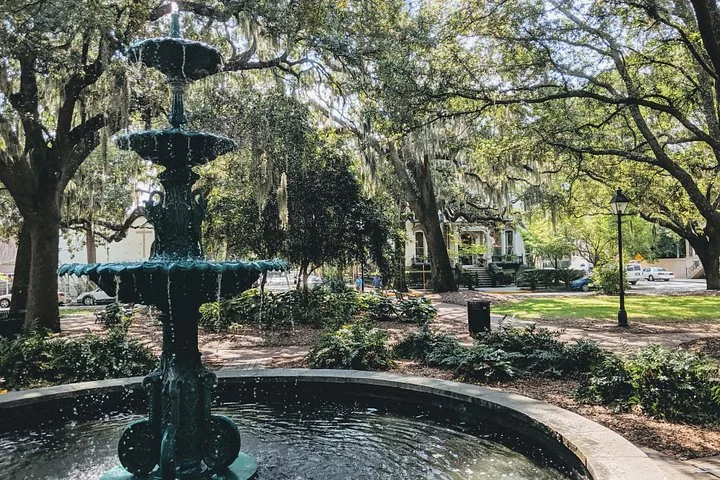 Une fontaine verte à étages dans un cadre de parc luxuriant avec des arbres couverts de mousse espagnole.